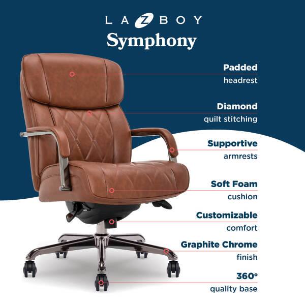 LA-Z-BOY Symphony  
Padded headrest  
Diamond quilt stitching  
Supportive armrests  
Soft Foam cushion  
Customizable comfort  
Graphite Chrome finish  
360° quality base
