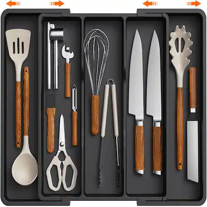 Front. RTMB - Expandable Black Utensil Organizer Tray, Adjustable Plastic Divider.