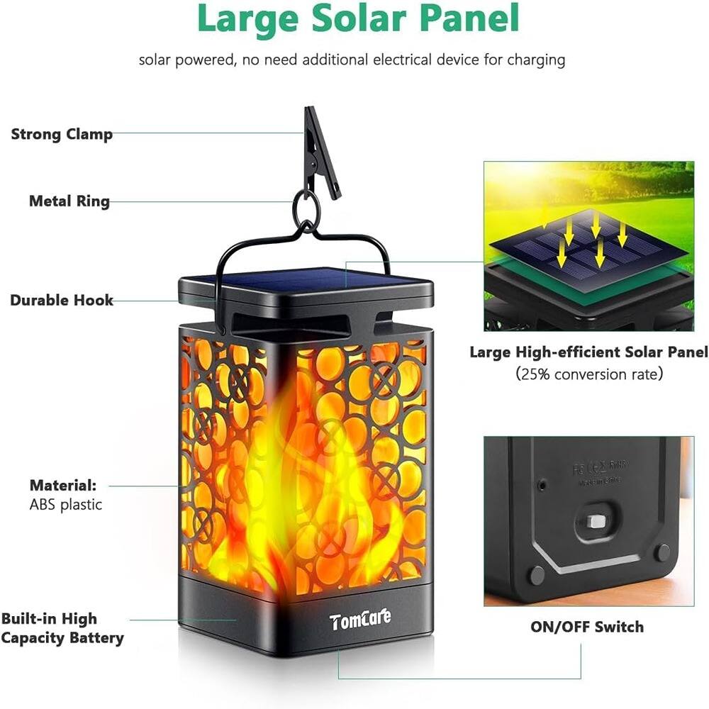 Large Solar Panel  
solar powered, no need additional electrical device for charging  

- Strong Clamp  
- Metal Ring  
- Durable Hook  
- Material: ABS plastic  
- Built-in High Capacity Battery  

Large High-efficient Solar Panel (25% conversion rate)  

ON/OFF Switch  

TomCare