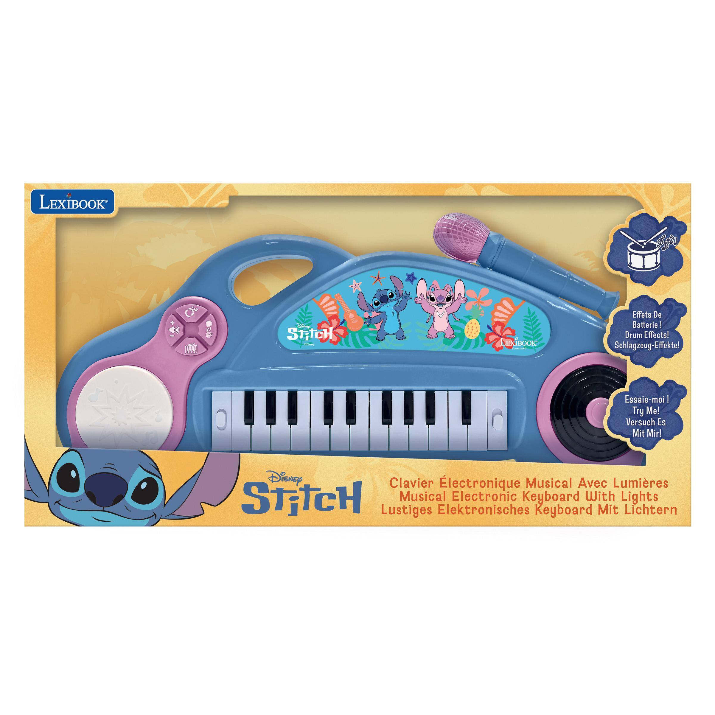 LEXIBOOK 5 0  
STITCH E-BOOK  
Effets De Batterie Drum Effects!  
Schlagzeug-Effekte!  
C Essaie-moi Try Me!  
Versuch Es Mit Mir!  
Disney Clavier Electronique Musical Avec Lumieres  
Musical Electronic Keyboard With Lights  
Lustiges Elektronisches Keyboard Mit Lichtern