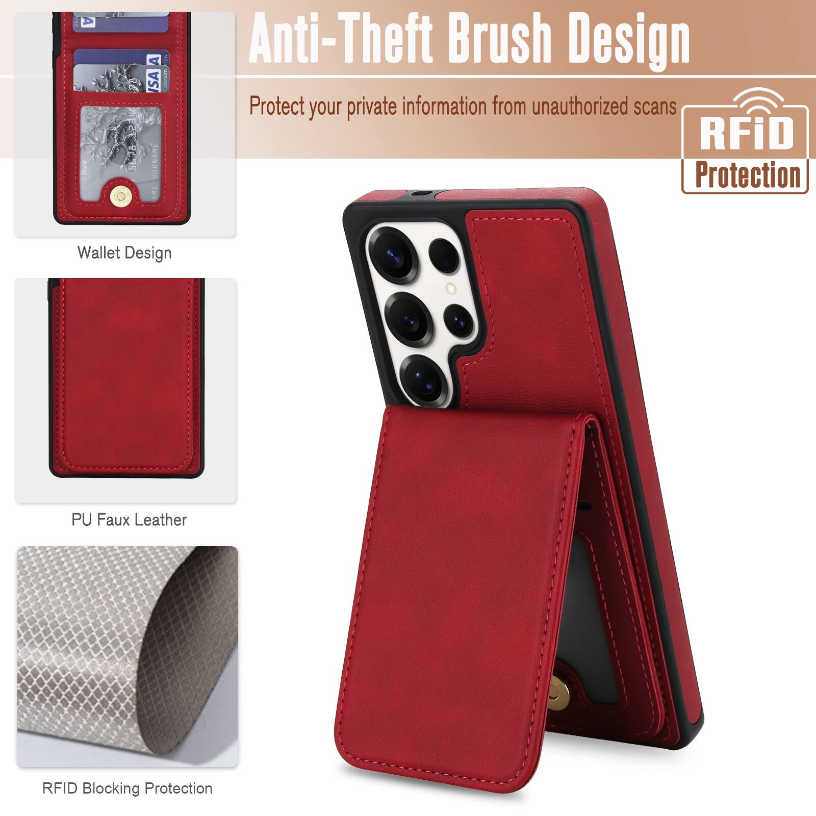 Anti-Theft Brush Design  
Protect your private information from unauthorized scans  
RFiD Protection  

Wallet Design  
PU Faux Leather  
RFID Blocking Protection