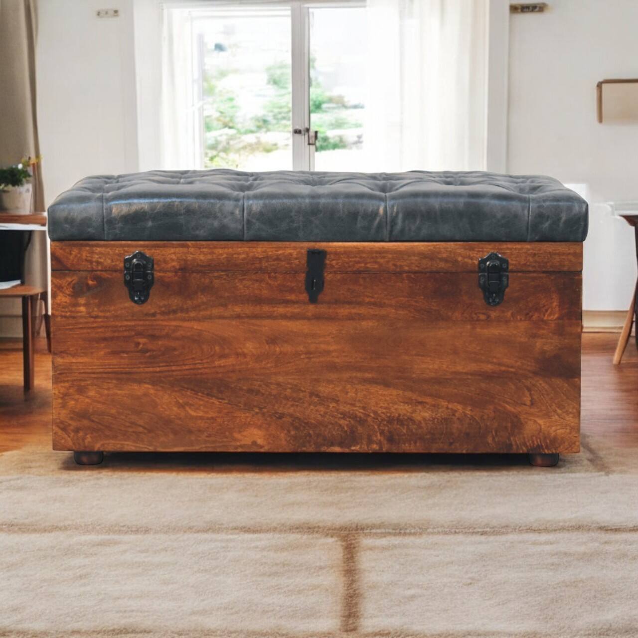 Alt View 6. Artisan Furniture - Artisan Furniture Solid Wood Black Buffalo hide leather Storage Trunk, Upholstered, Leather, Black Color - Black.