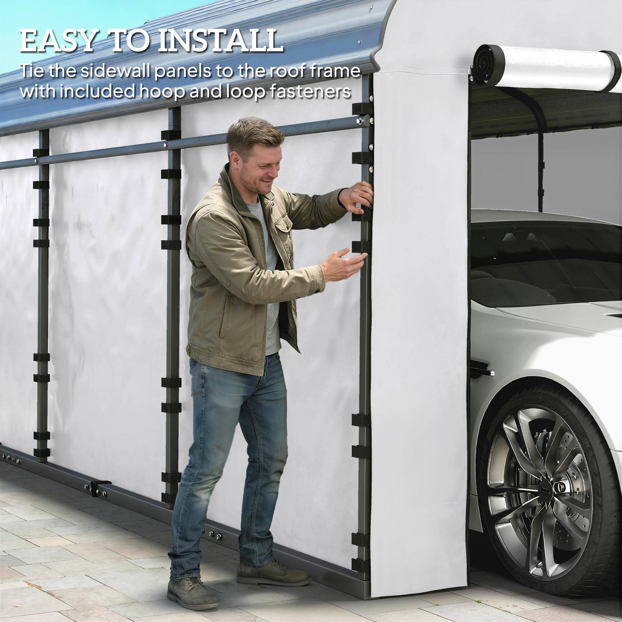 EASY TO INSTALL  
Tie the sidewall panels to the roof frame with included hoop and loop fasteners