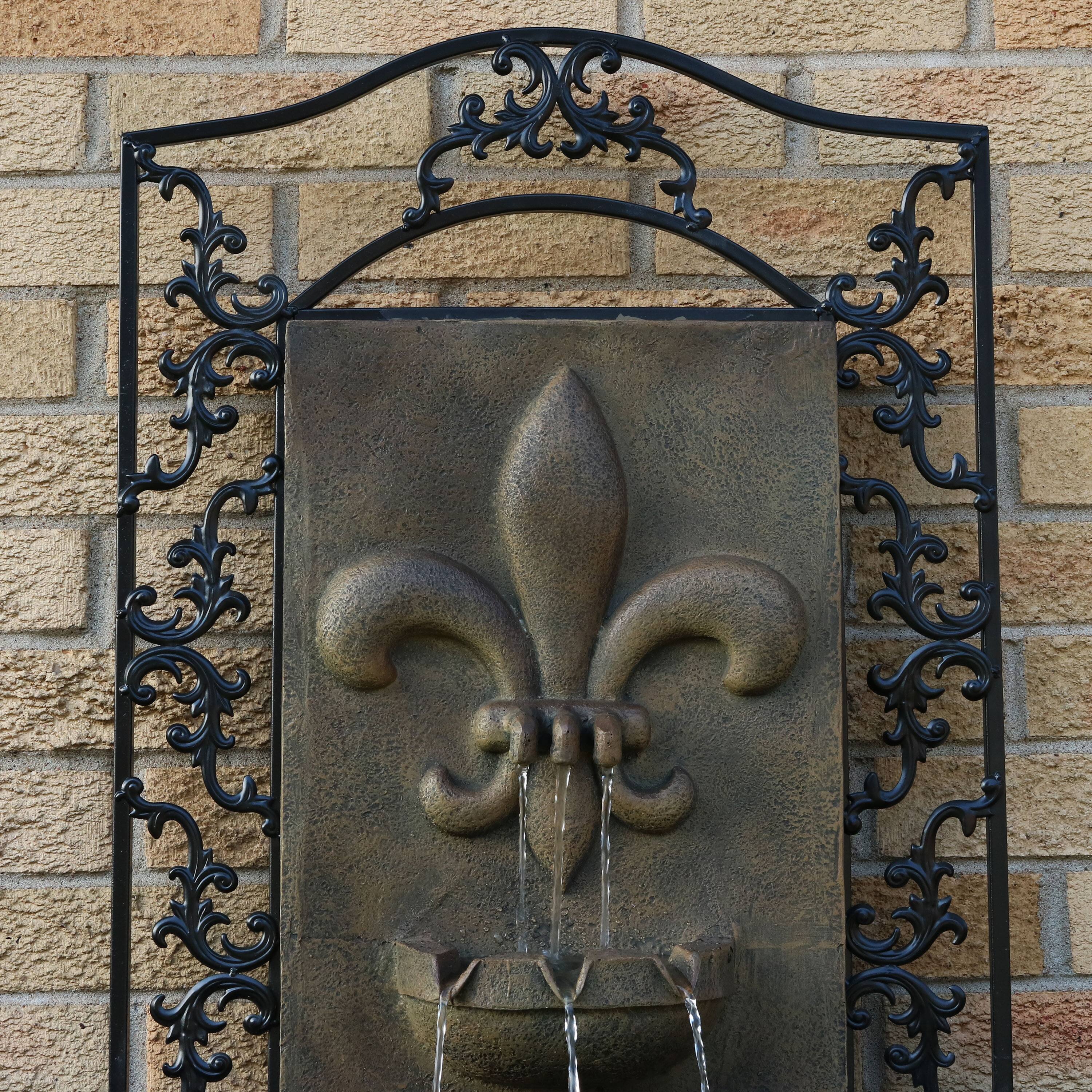 Alt View 4. Sunnydaze - French Lily Polystone Outdoor Solar Wall Fountain - Florentine Stone.