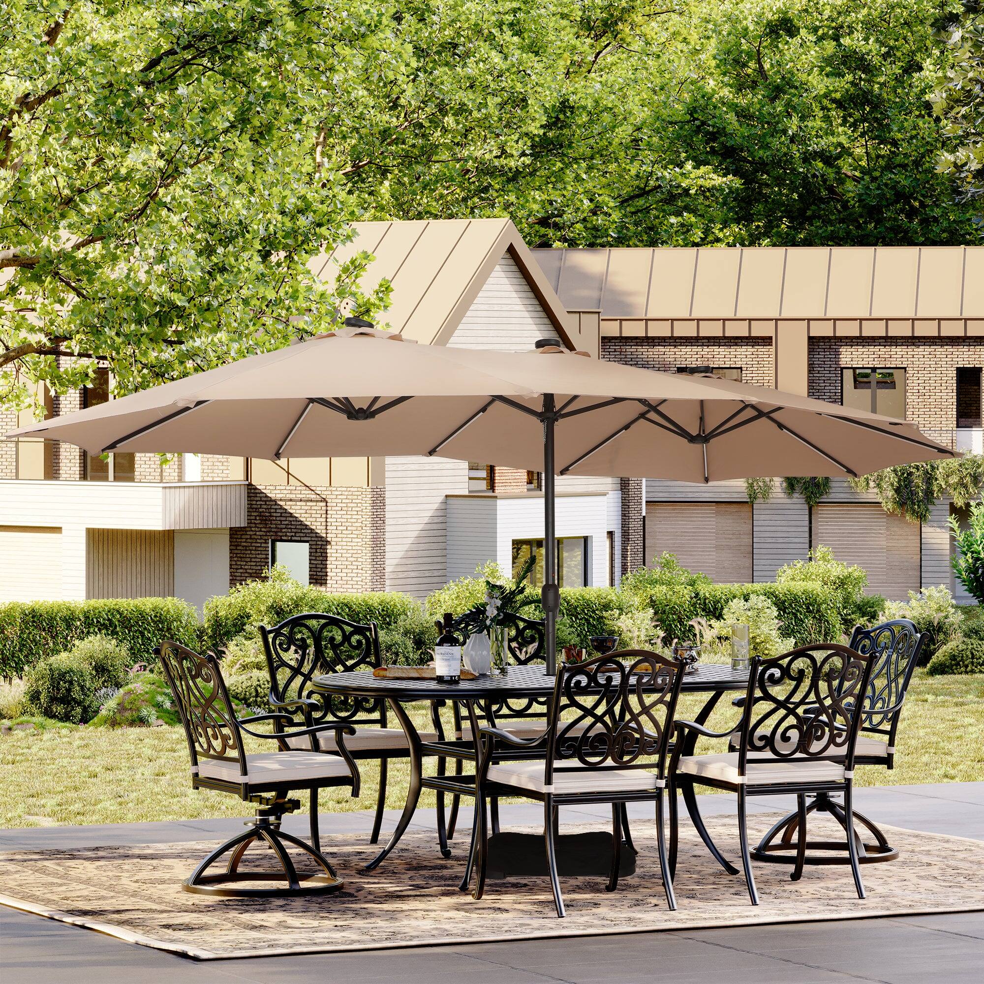 Alt View 1. Boyel Living - Beige 15 FT Double-Head Patio Umbrella with Base with Solar Detachable Lights.