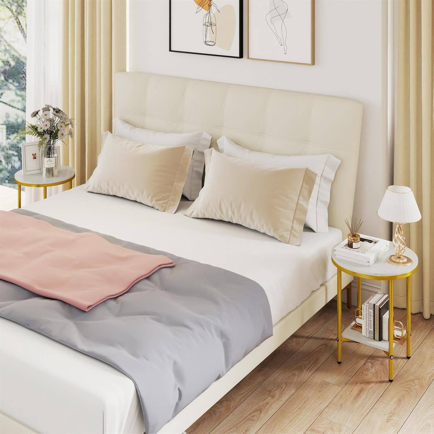 Left. Pefilos - 2-Tier Round Coffee Table, Faux Marble Top Golden Metal Frame Built-In Storage Shelf - White.