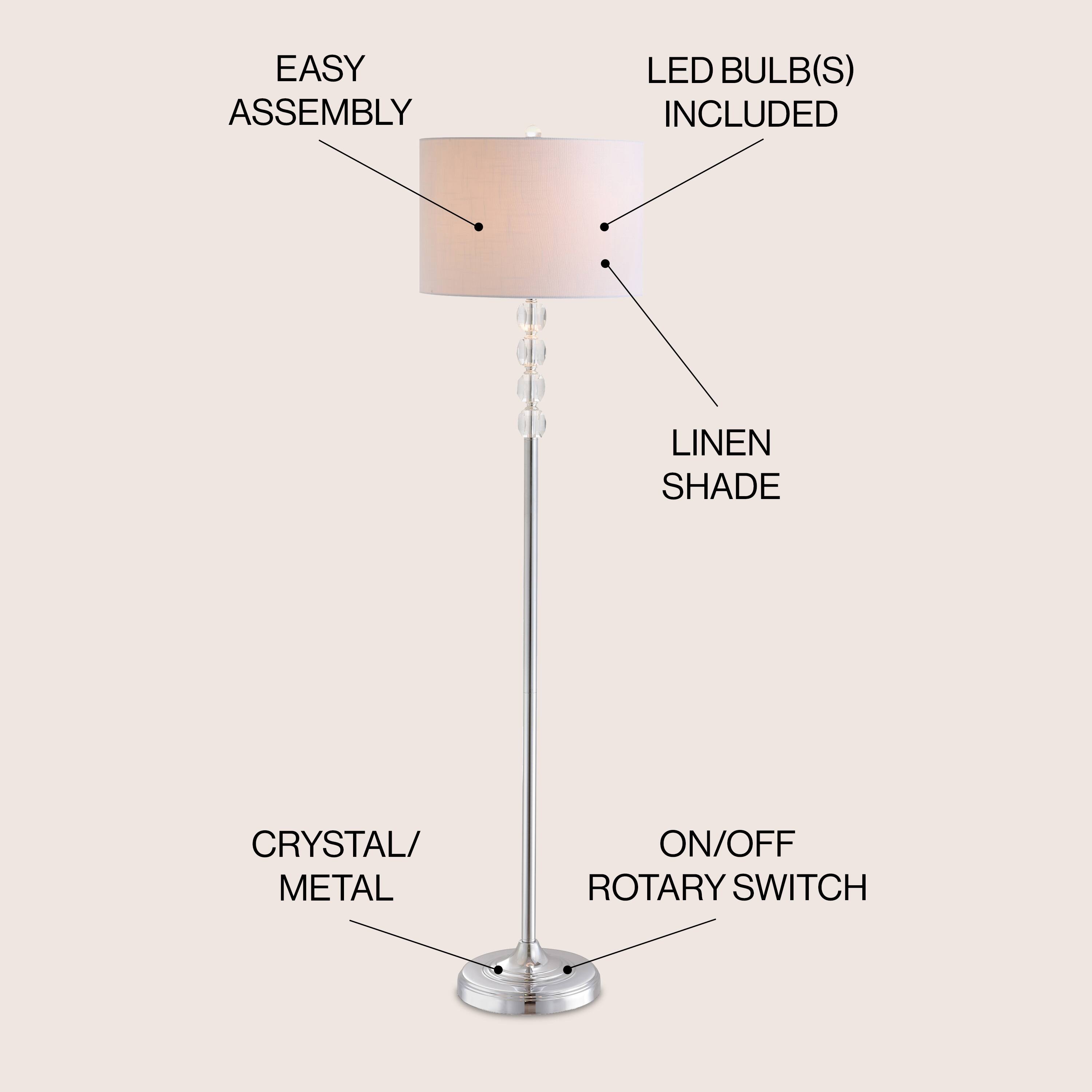 EASY ASSEMBLY  
LED BULB(S) INCLUDED  
LINEN SHADE  
CRYSTAL/METAL  
ON/OFF ROTARY SWITCH