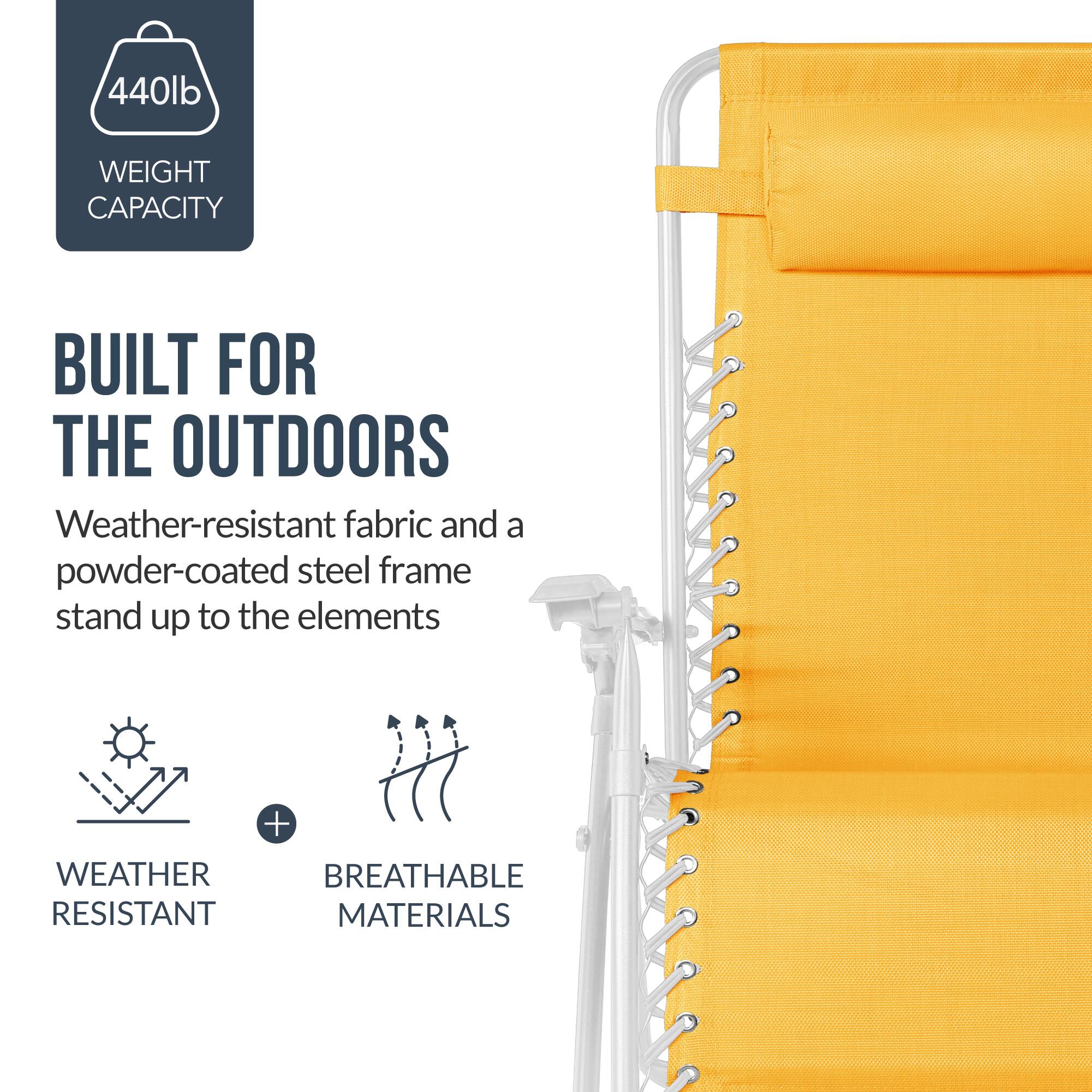 440lb WEIGHT CAPACITY BUILT FOR THE OUTDOORS  
Weather-resistant fabric and a powder-coated steel frame stand up to the elements  
WEATHER RESISTANT + BREATHABLE MATERIALS