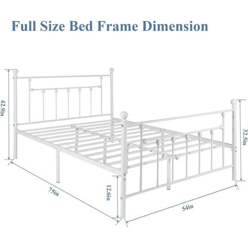 Full Size Bed Frame Dimension

- Length: 75in
- Width: 54in
- Height: 42.9in
- Side Rail Height: 32.5in
- Footboard Height: 12.6in