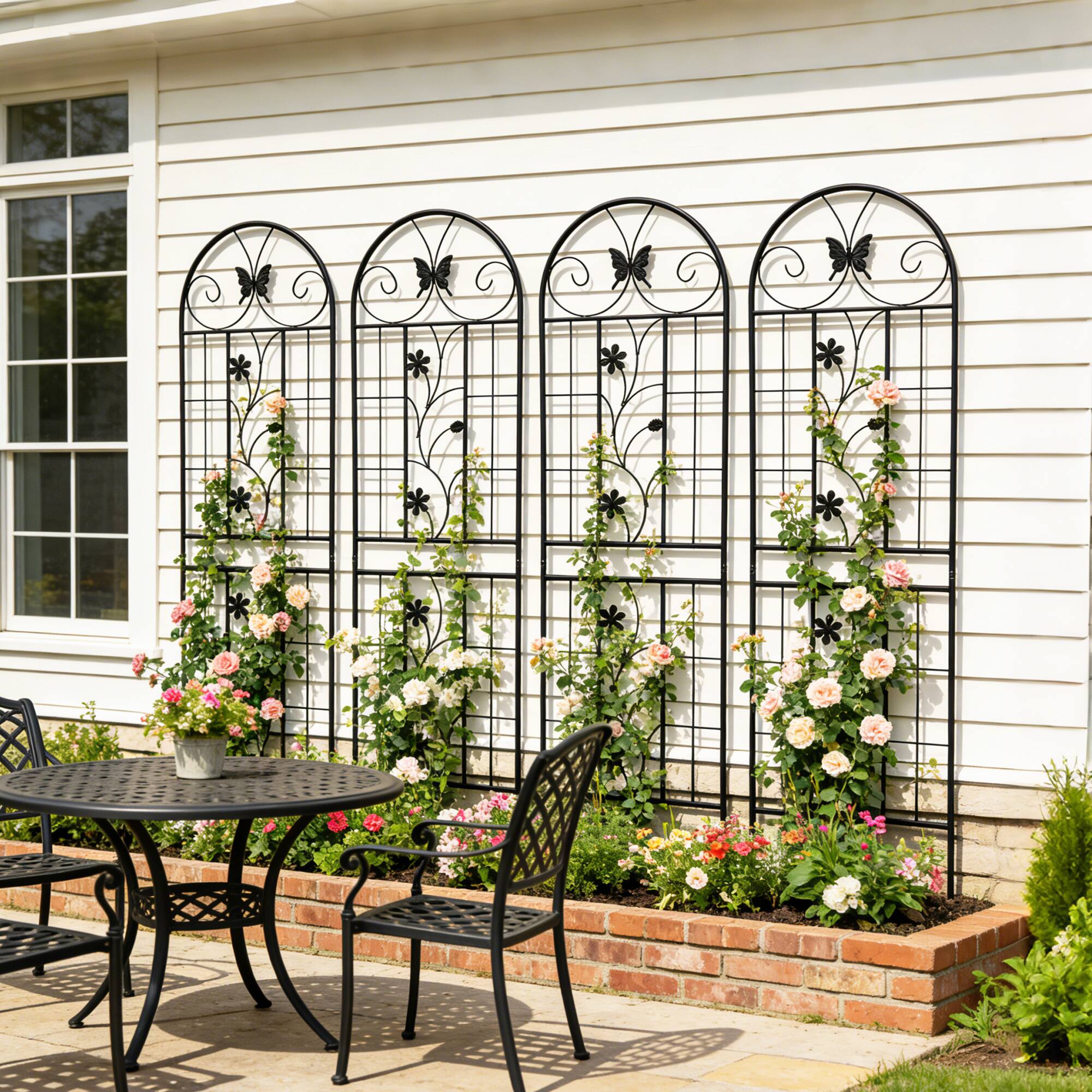 Left. Loheer - Rustproof Metal Garden Trellis 4 Pack 5.9 ft x 1.64 ft Climbing Plant Support for Outdoor Garden - Black.