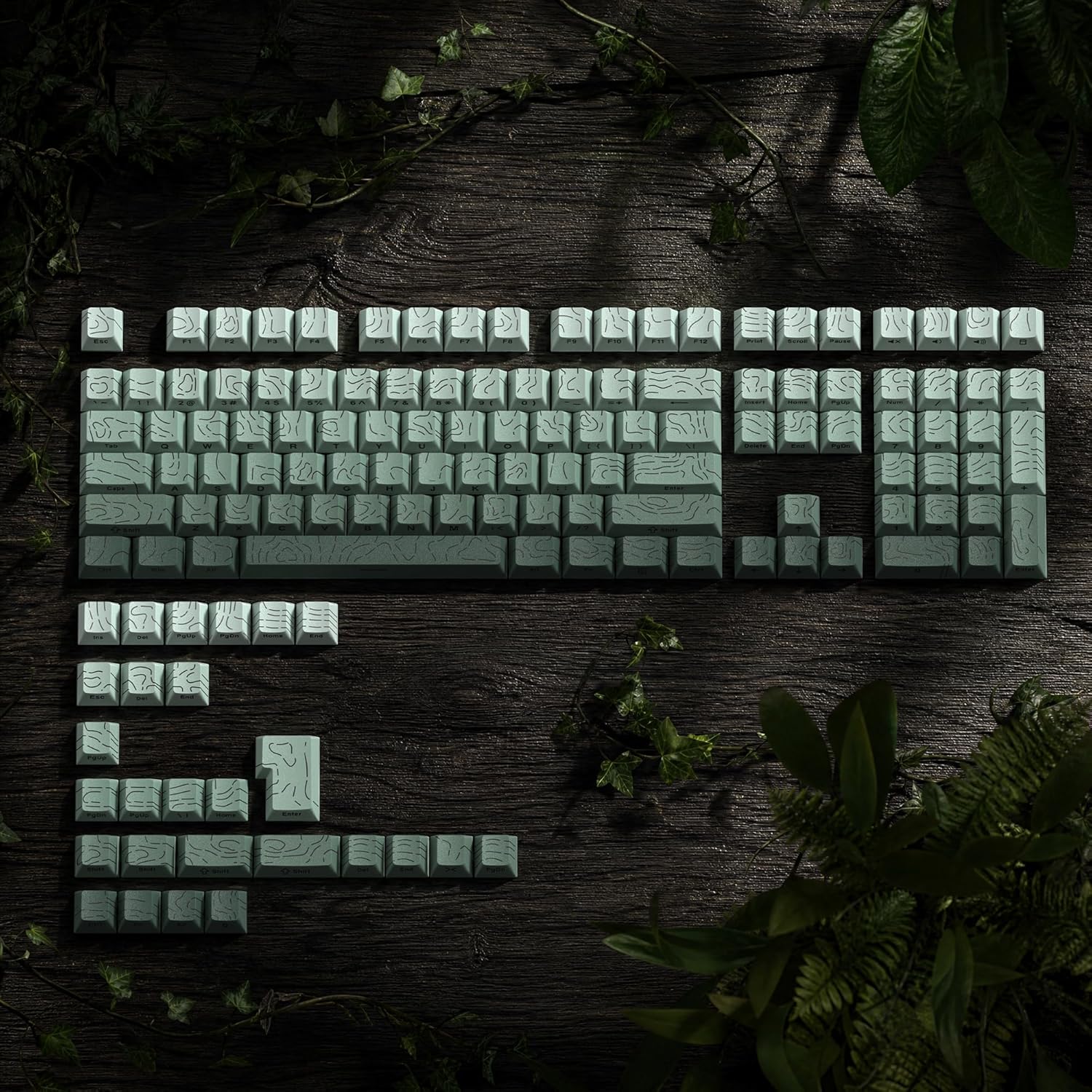 Angle. Womier - Double Shot PBT keycaps,Topographic Keys Cherry Profile Key caps for All US Layout Mechanical Keyboardd - Pure Green-Cherry.