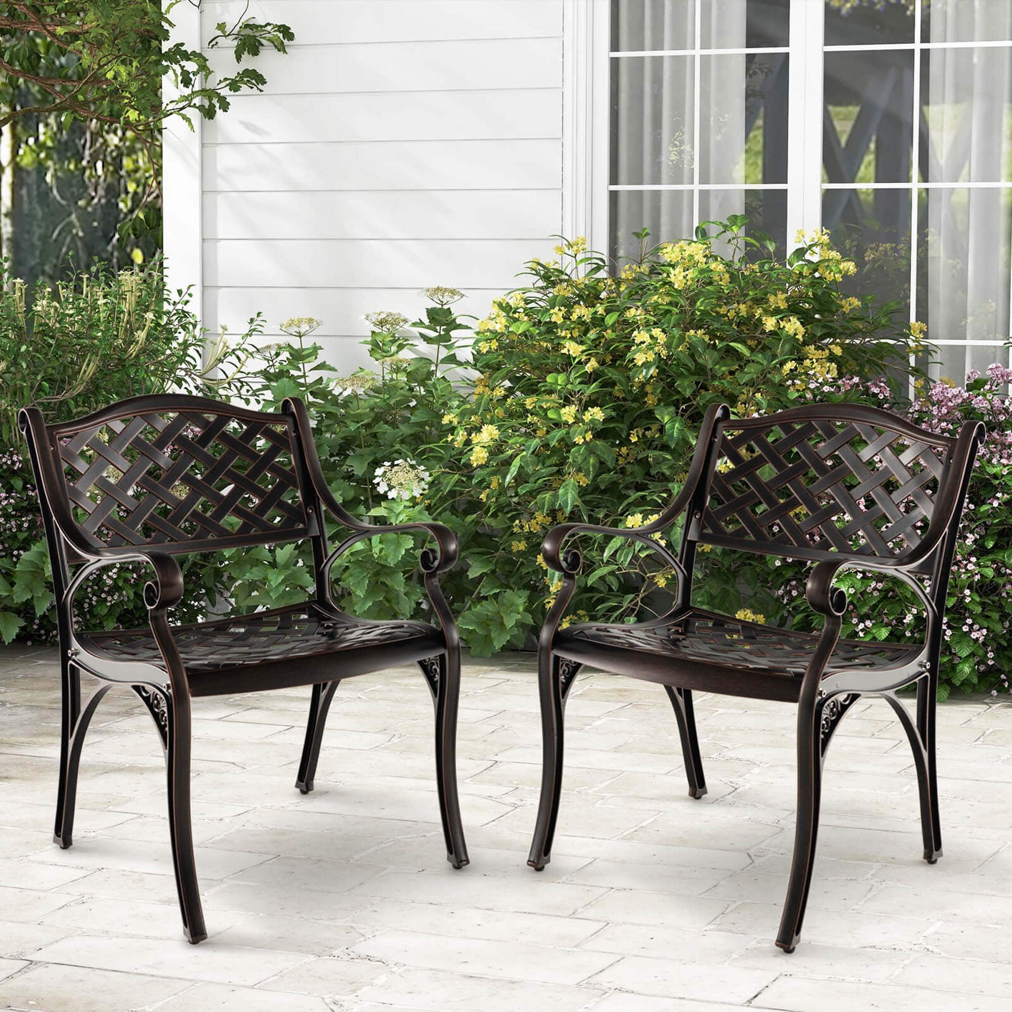 Costway - 2 PCS Cast Aluminum Patio Chairs Set of 2 All Weather Outdoor Dining Chairs with Armrests - Bronze