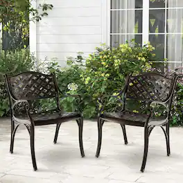 Costway - 2 PCS Cast Aluminum Patio Chairs Set of 2 All Weather Outdoor Dining Chairs with Armrests - Bronze