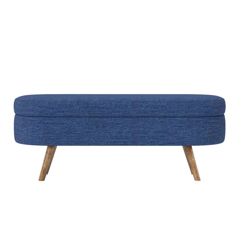 Angle. HTUTWOO - 43.5" Ottoman Storage Bench - Oval Upholstered Linen Fabric Footrest Bench with Wood Legs, End of Bed for Living Room - Blue.