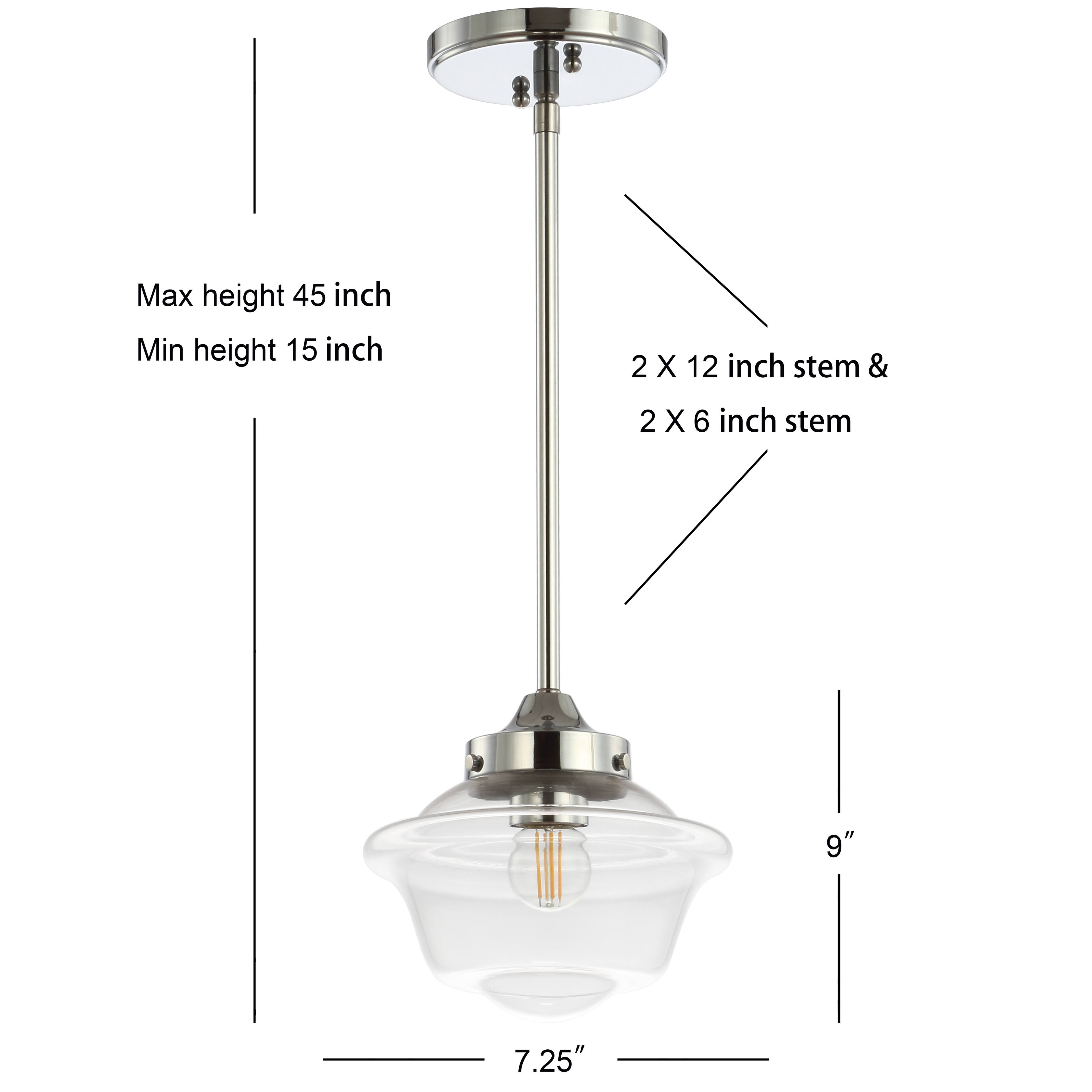 Max height 45 inch  
Min height 15 inch  
2 X 12 inch stem & 2 X 6 inch stem  
9"  
7.25"