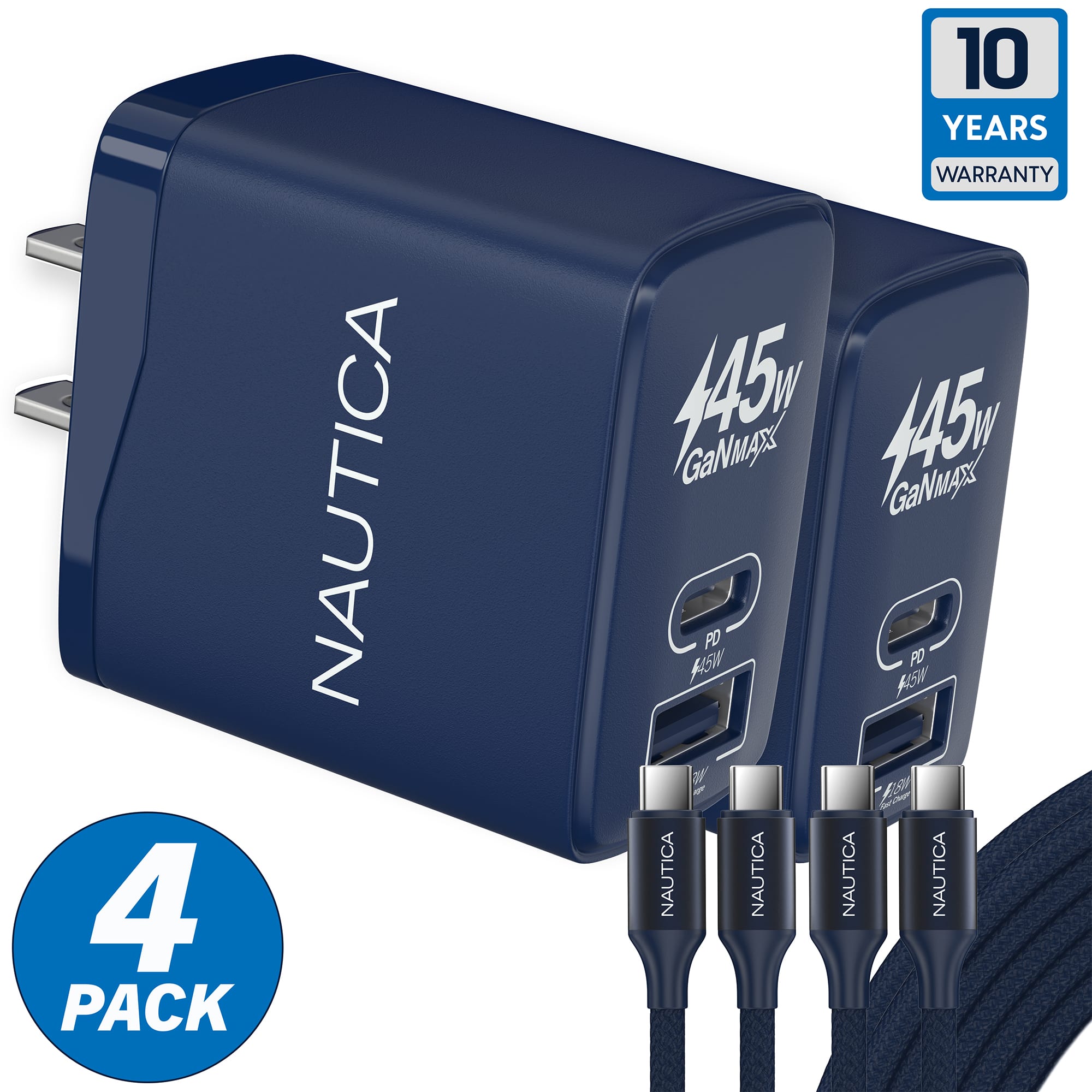Nautica - Core 45 Wall Charging Bundle, 2 Pack 45W USB C Fast Chargers with 60W USB C Cables for iPhone, Android and more - Navy