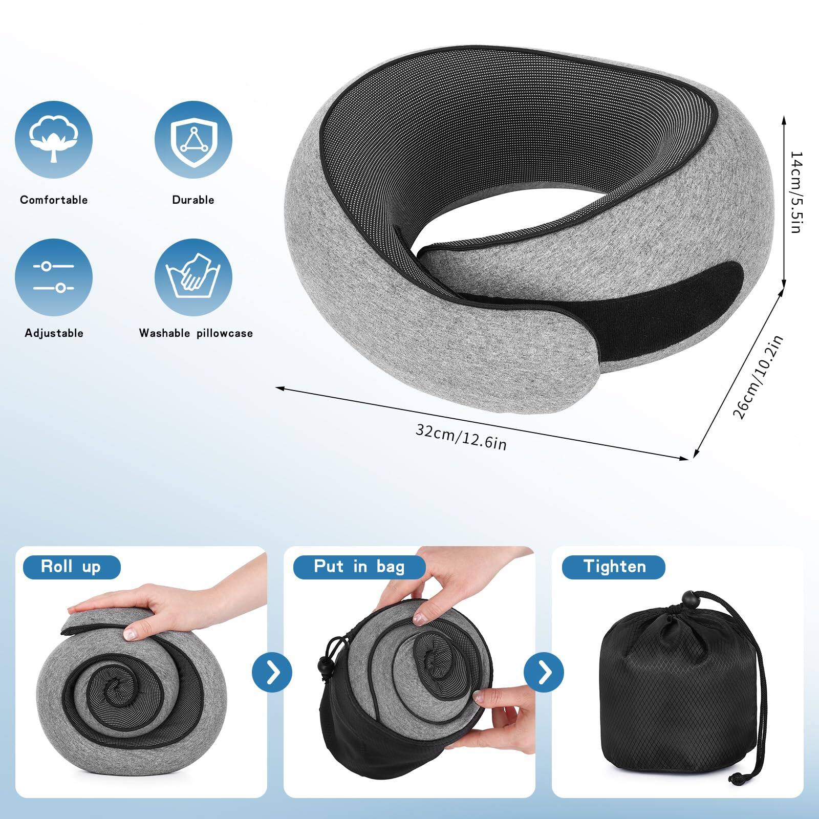 Comfortable  
Durable  
Adjustable  
Washable pillowcase  

14cm/5.5in  
32cm/12.6in  
26cm/10.2in  

Roll up  
Put in bag  
Tighten