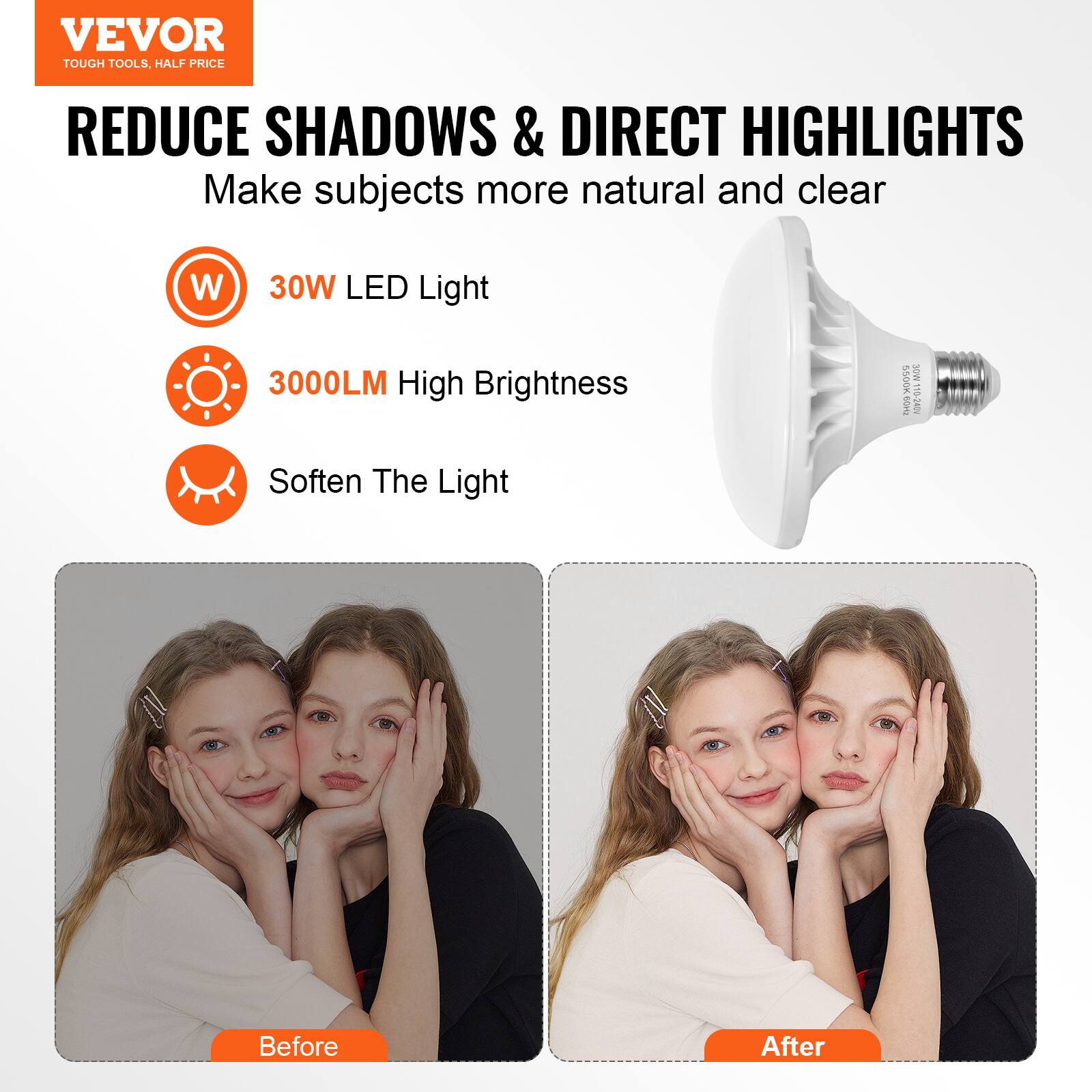 VEVOR  
TOUGH TOOLS, HALF PRICE  

REDUCE SHADOWS & DIRECT HIGHLIGHTS  
Make subjects more natural and clear  

- 30W LED Light  
- 3000LM High Brightness  
- Soften The Light  

Before  
After