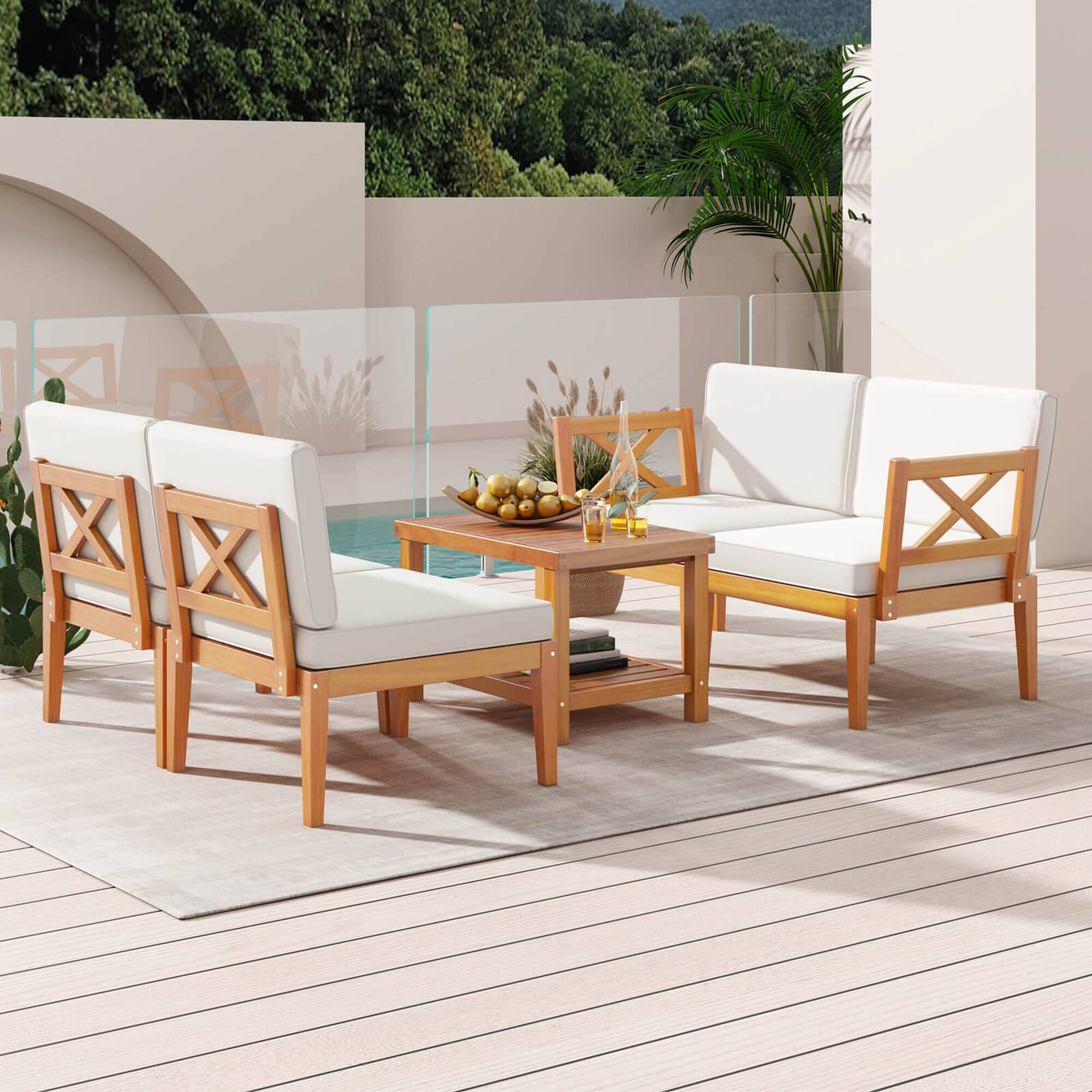 Alt View 4. Costway - 5 PCS Acacia Wood Patio Furniture Set with Cushions and 2-Tier Coffee Table - Off White,Natural.