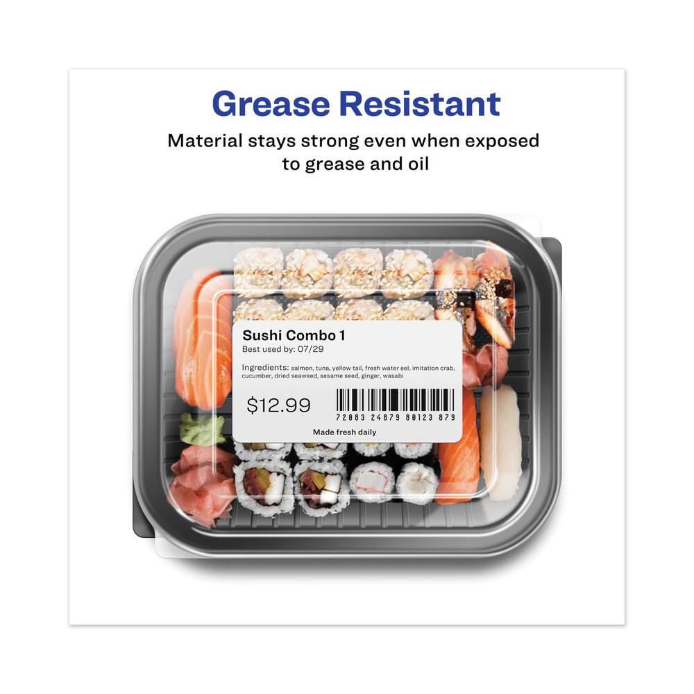 Grease Resistant  
Material stays strong even when exposed to grease and oil  

Sushi Combo 1  
Best used by: 07/29  
Ingredients: salmon, tuna, yellow tail, fresh water eel, imitation crab, cucumber, dried seaweed, sesame seed, ginger, wasabi  
$12.99  
72883 24879 88123 879  
Made fresh daily