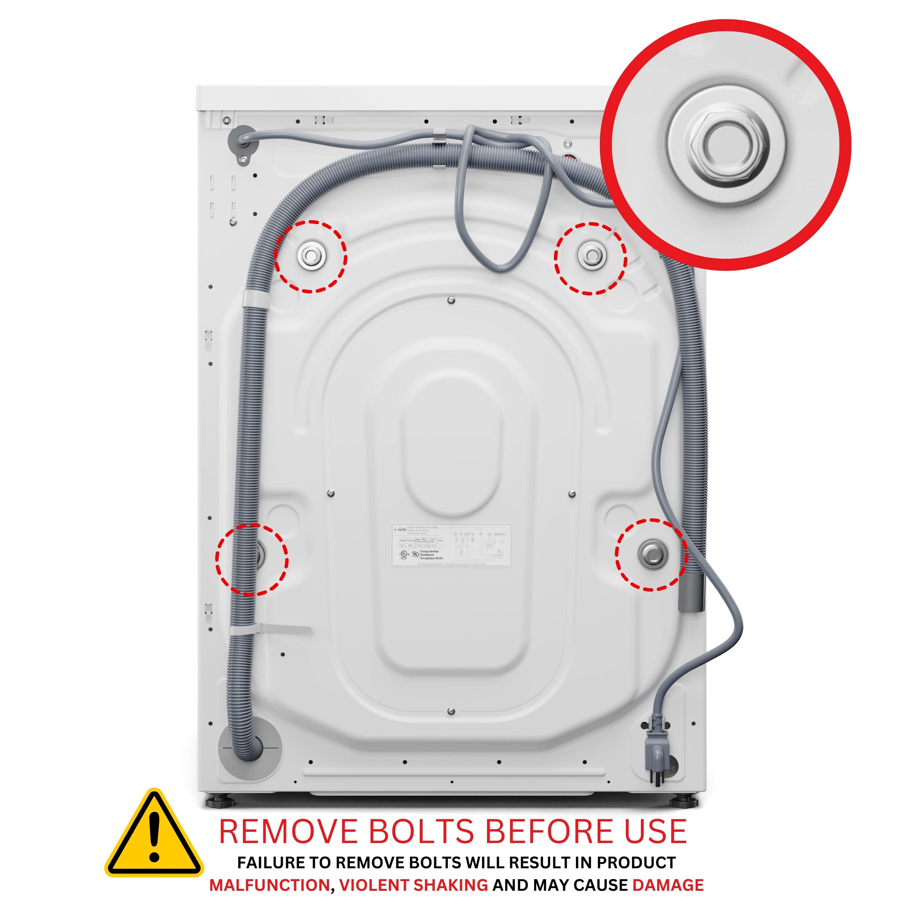 REMOVE BOLTS BEFORE USE  
FAILURE TO REMOVE BOLTS WILL RESULT IN PRODUCT MALFUNCTION, VIOLENT SHAKING AND MAY CAUSE DAMAGE