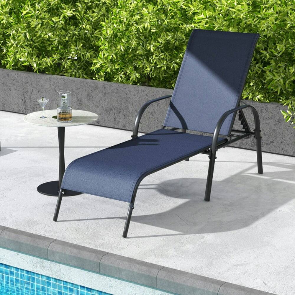 Back. Pefilos - Folding Lounge Chair with Backrest, Adjustable Patio Chaise, Chair for Outdoor, Navy Cushion - Blue.