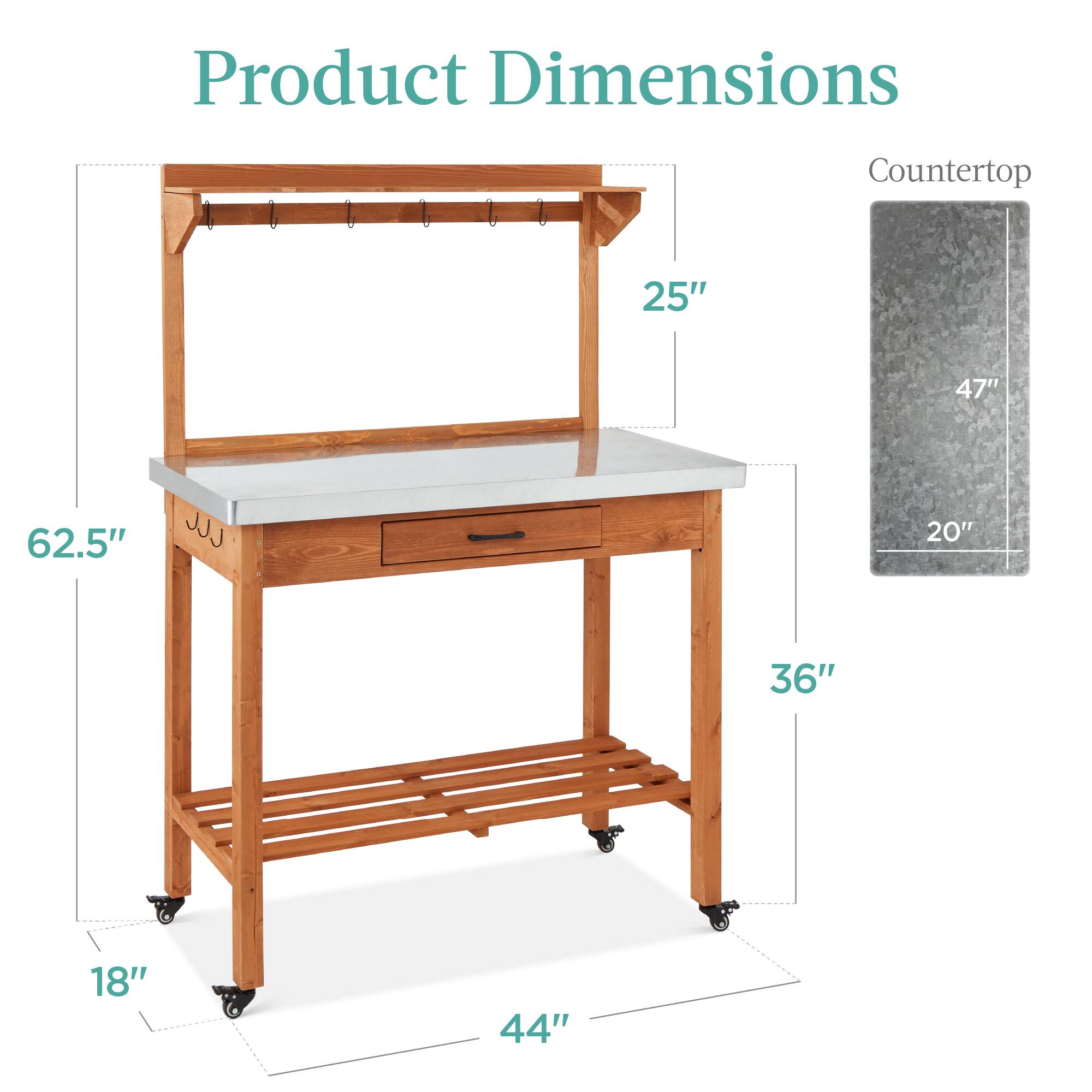 Product Dimensions  
Countertop: 25" x 47"  
JJJ: 20" x 36"  
Height: 62.5"  
Width: 44"  
Depth: 18"