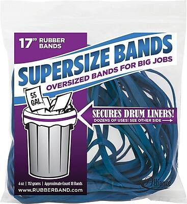 17" Rubber Bands
Supersize Bands
Oversized Bands for Big Jobs
55 Gal.
Secures Drum Liners!
Dozens of Uses! See Other Side
4 oz | 112 grams | Approximate Count 18 Bands
www.RubberBand.com