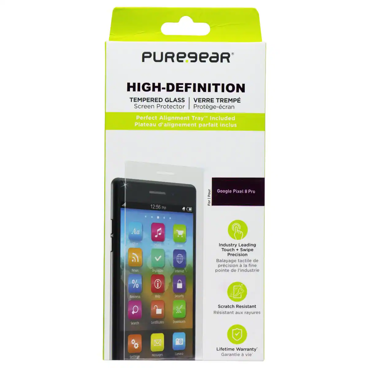 PUREgeaR HIGH-DEFINITION TEMPERED GLASS VERRE TREMPÉ Screen Protector Protège-écran Perfect Alignment Tray" Included Plateau d'alignement parfait inclus 12:56 PM Pour Google Pixel 8 Pro Aa E Sews % Bmess mal Dngancer i my - Itemet Security Industry Leading Touch - Swipe Precision Balayage tactile de prcision a la fine pointe de l'industrie Scratch Resistant Résistant aux rayures Search Certificates Dowmloads 0 T Messages Catera Lifetime Warranty Garantie à vie