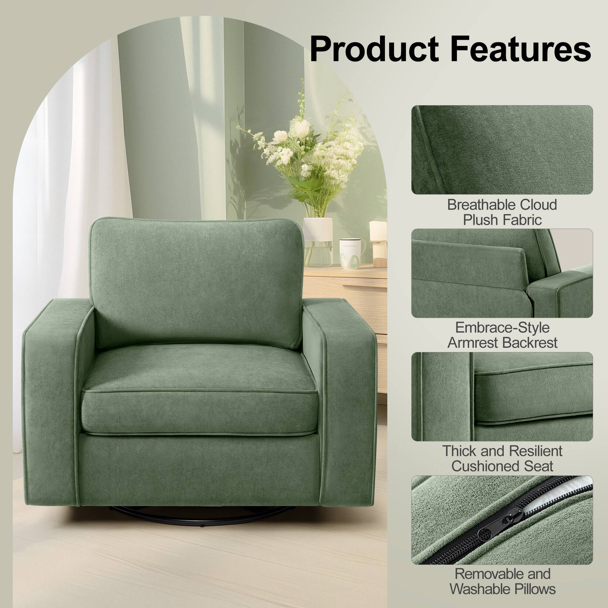 Product Features

- Breathable Cloud Plush Fabric
- Embrace-Style Armrest Backrest
- Thick and Resilient Cushioned Seat
- Removable and Washable Pillows