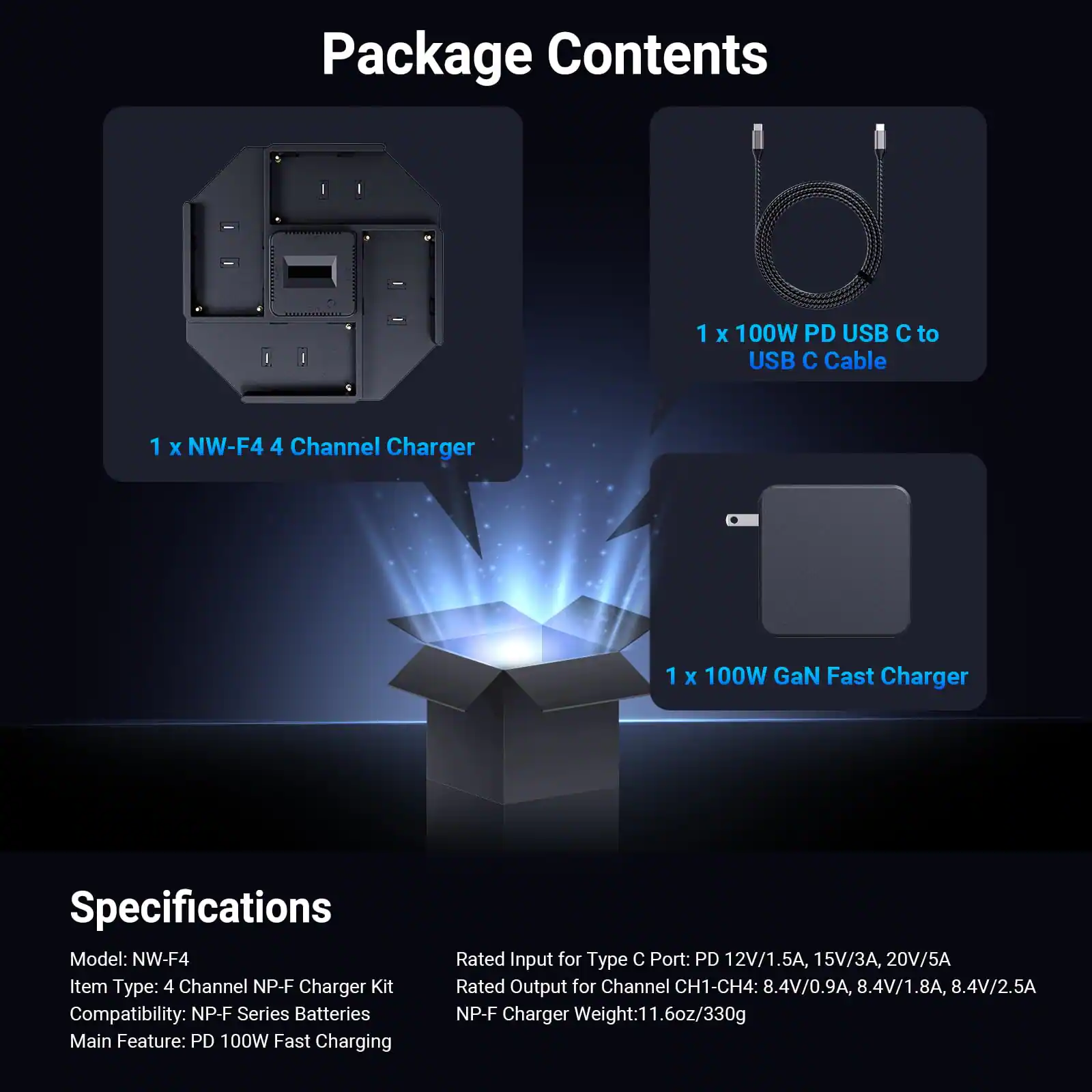 Package Contents  
1 x 100W PD USB C to USB C Cable  
1 x NW-F4 4 Channel Charger  
1 x 100W GaN Fast Charger  

Specifications  
Model: NW-F4  
Item Type: 4 Channel NP-F Charger Kit  
Compatibility: NP-F Series Batteries  
Main Feature: PD 100W Fast Charging  

Rated Input for Type C Port: PD 12V/1.5A, 15V/3A, 20V/5A  
Rated Output for Channel CH1-CH4: 8.4V/0.9A, 8.4V/1.8A, 8.4V/2.5A  
NP-F Charger Weight: 11.6oz/330g