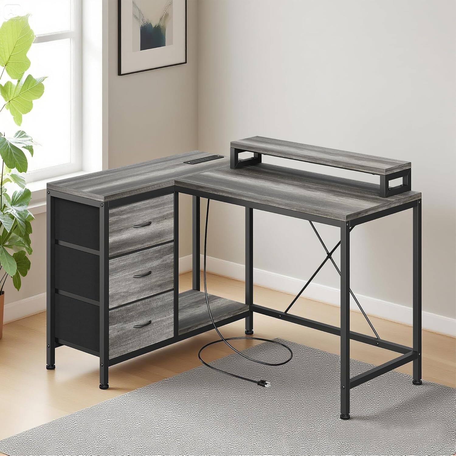 Alt View 4. Babevy - L Shaped Computer Desk with Storage Drawers and Shelves, Corner Gaming Office Desk for Home Office Study - Gray.