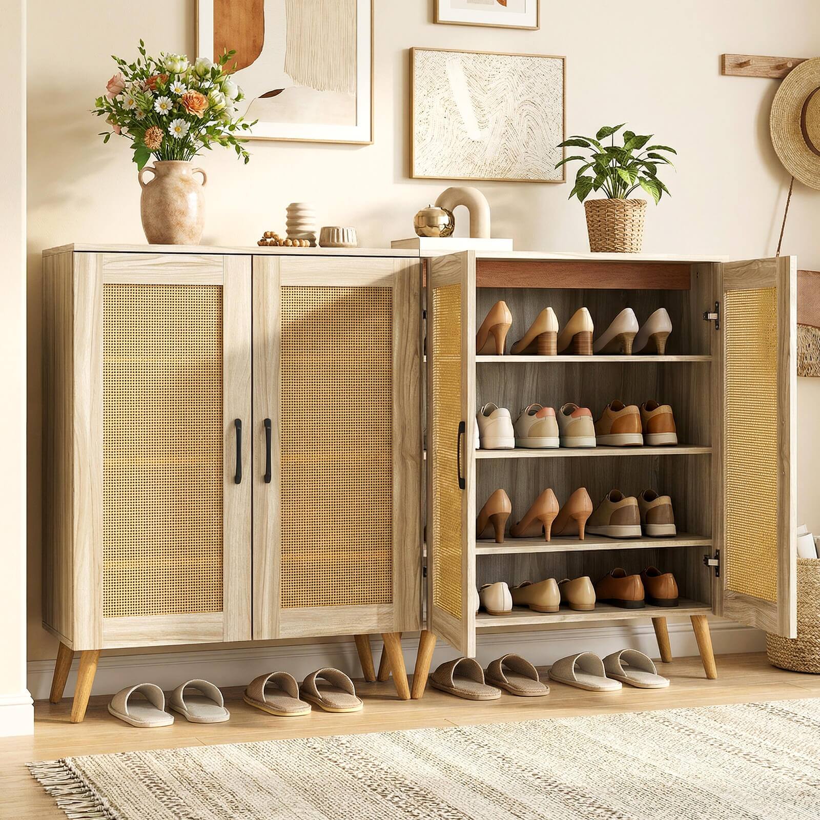 Alt View 3. Costway - Costway Rattan Shoe Cabinet with 3 Removable Shelves,5-Tier Narrow Cabinet Wood Legs - Natural.