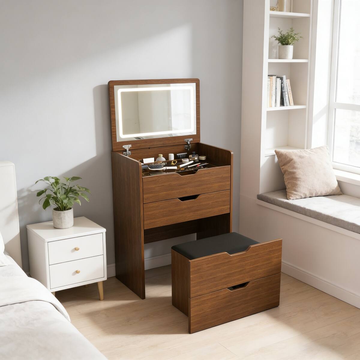 Angle. Loheer - Loheer 3-in-1 Vanity Desk with Lighted Mirror, Flip-Top Storage Cabinet and Stool - Walnut.