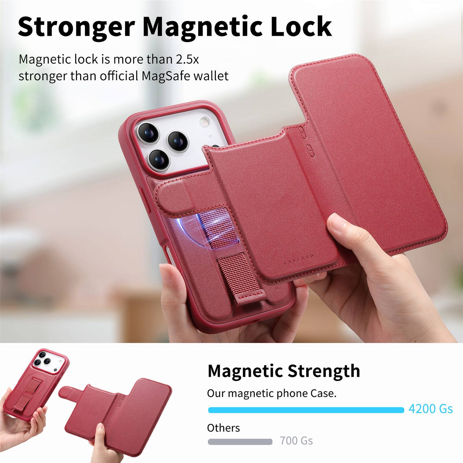 Stronger Magnetic Lock

Magnetic lock is more than 2.5x stronger than official MagSafe wallet

Magnetic Strength
Our magnetic phone Case.
4200 Gs
Others 700 Gs