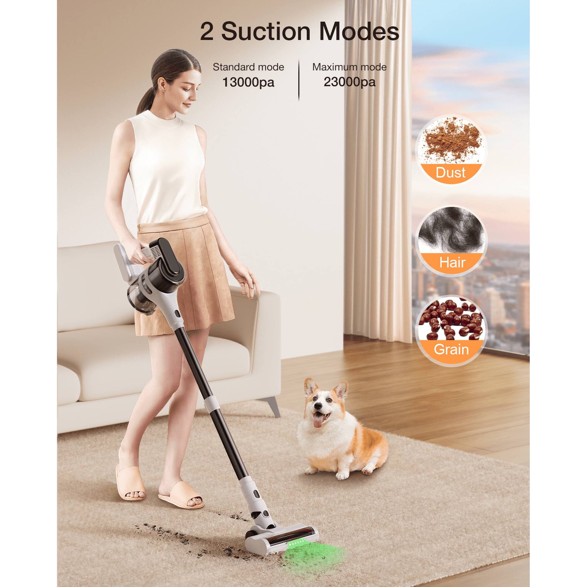 2 Suction Modes
Standard mode 13000pa
Maximum mode 23000pa
Dust
Hair
Grain