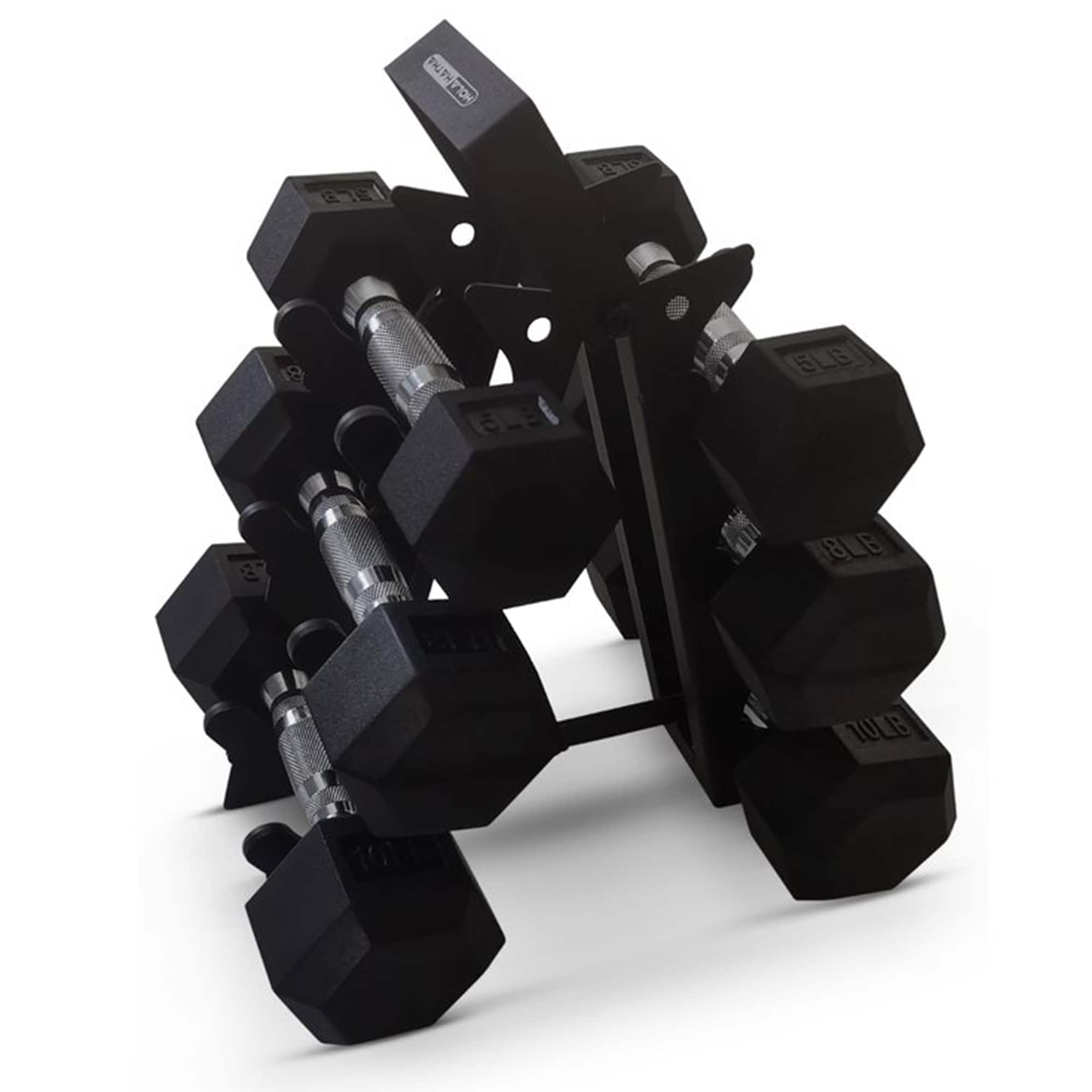 HolaHatha - Hexagonal Dumbbell Free Hand Weight Set w/ Rack, 5, 8, & 10 Lbs - Black