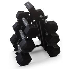 HolaHatha - Hexagonal Dumbbell Free Hand Weight Set w/ Rack, 5, 8, & 10 Lbs - Black