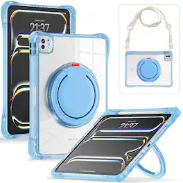 Dteck - For Apple iPad Pro (M5) 11" 2025 & (M4) 2024 Case,Clear Rugged Shockproof Cover w/ 360° Kickstand Handle+Shoulder Strap - Lightblue