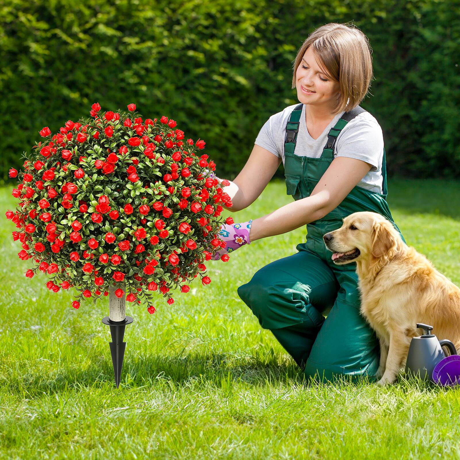 Alt View 4. Oumilen - 2 Pack Artificial Red Rose Topiary Trees – UV Resistant Outdoor Fake Plants with Stakes, 26.3in for Garden Yard - Red.