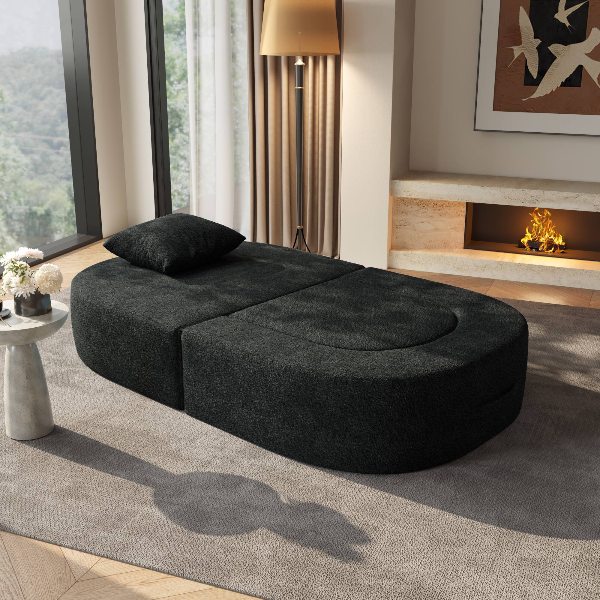 Angle. Yardgrace - Boneless Sofa Chair Lounge Chair for Living Room, Modern Convertible Upholstered Sofa, Comfy Sherpa Leisure Couch - BLACK.