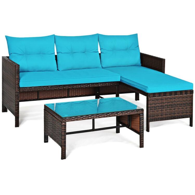 Front. SlickBlue - 3-Piece Patio Wicker Rattan Sofa Set with Cushions for Outdoor Seating - Turquoise.