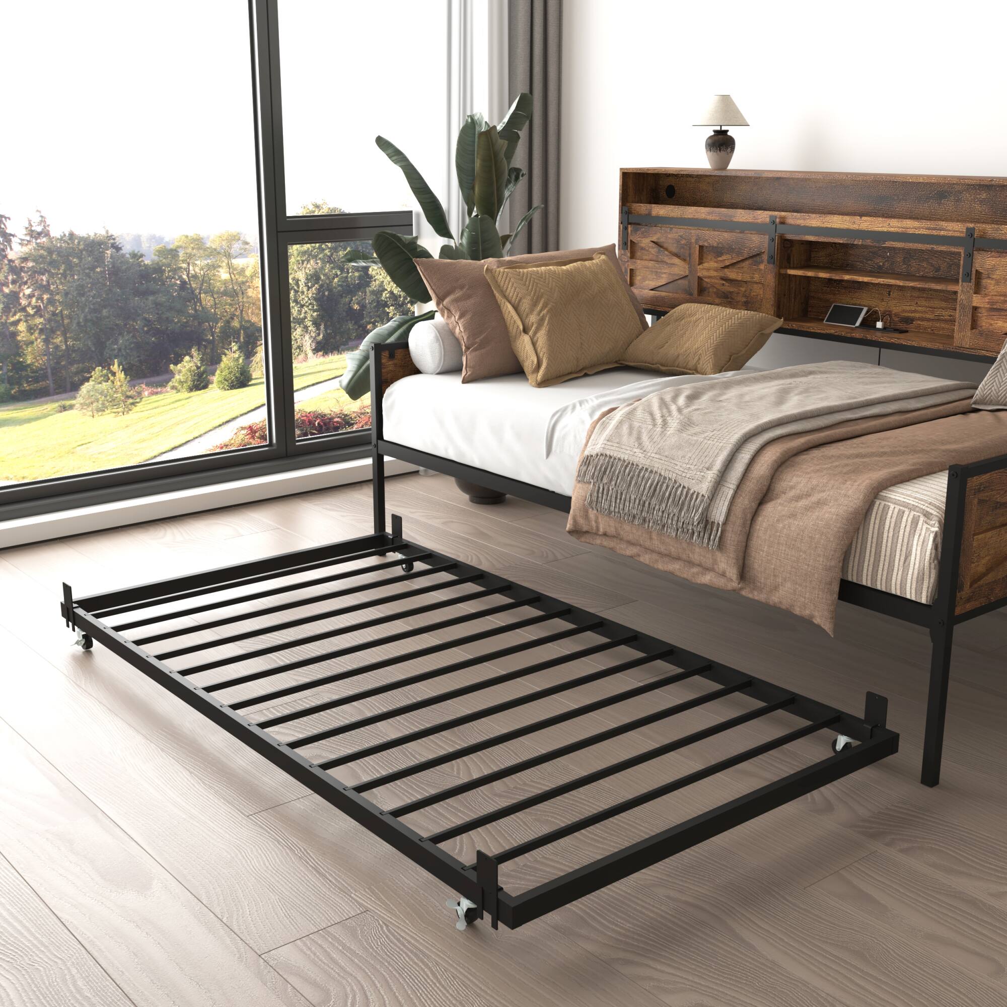 Alt View 6. GOODSILO - Farmhouse Style Twin Daybed with Trundle and Built-In Charging Station for Versatile Bedroom or Guest Room Use - Black+Brown.