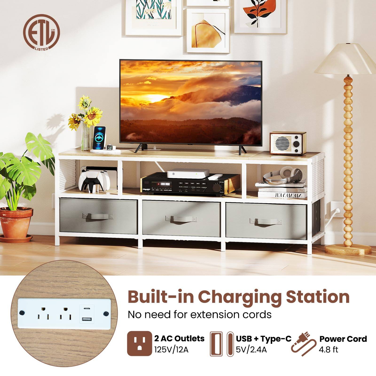 Sure, here is the corrected and grouped text:

---

**Built-in Charging Station**

- No need for extension cords
- 2 AC Outlets: 125V/12A
- USB + Type-C: 5V/2.4A
- Power Cord: 4.8 ft

---

**ETL Listed**