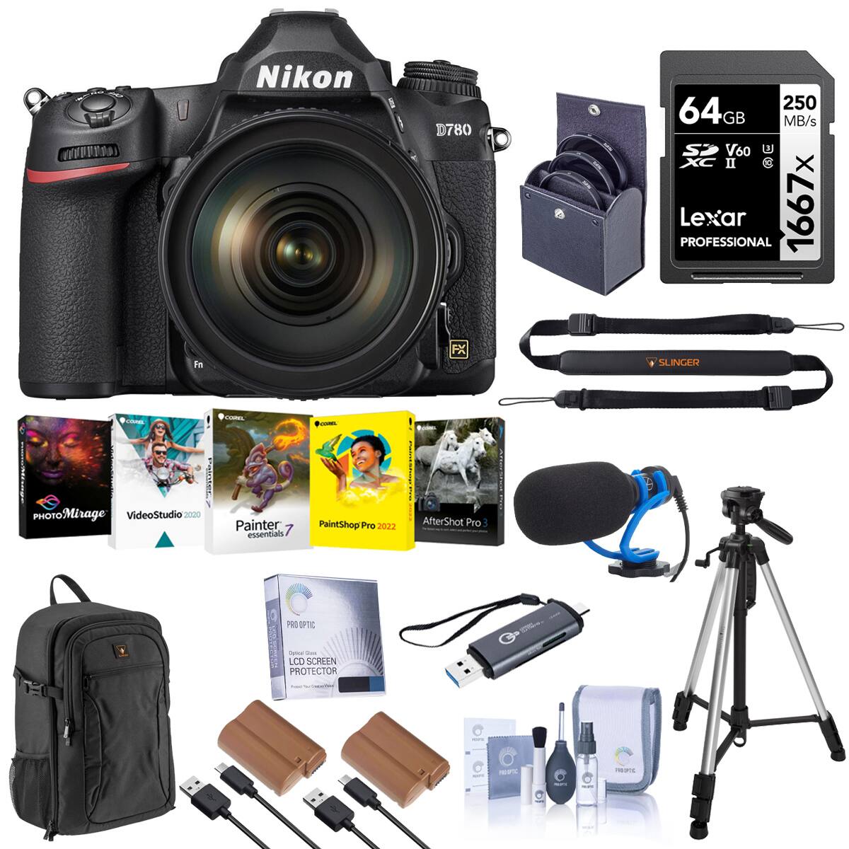 Nikon D780  
64GB 250 MB/s SP V60 U XC II C Lexar PROFESSIONAL 1667x  
Fn FX SLINGER  
Palntec 1  
PHOTOMirage  
VideoStudio 2000  
COL Painter 7 essentials  
PaintShop Pro 2022  
AfterShot Pro 9  
PROTECTOR  
SCRLEN PROTECTOR