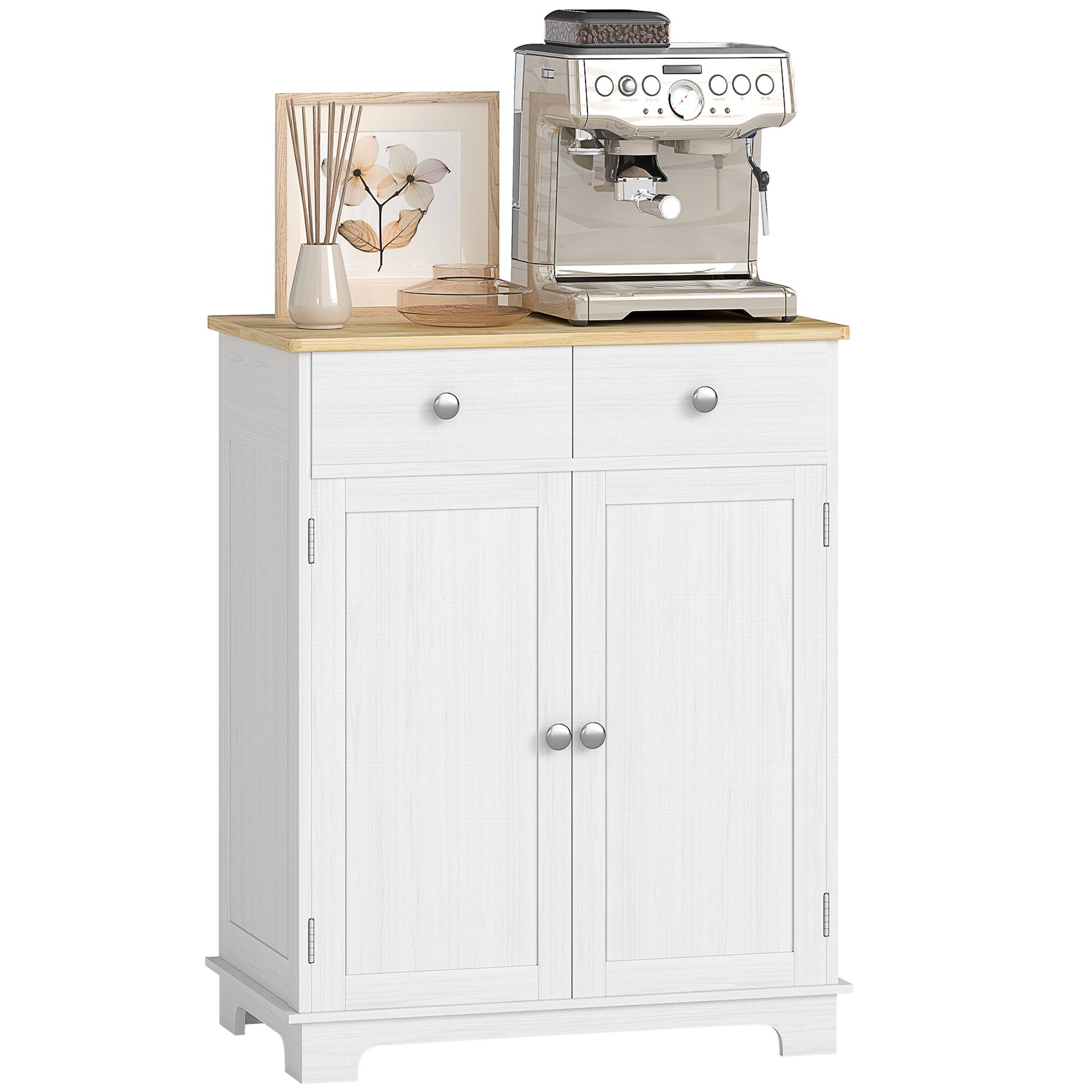 Front. Homcom - Storage Cabinet, Sideboard Floor Cupboard with Solid Wood Top, Adjustable Shelf, and 2 Drawers - Distressed White.