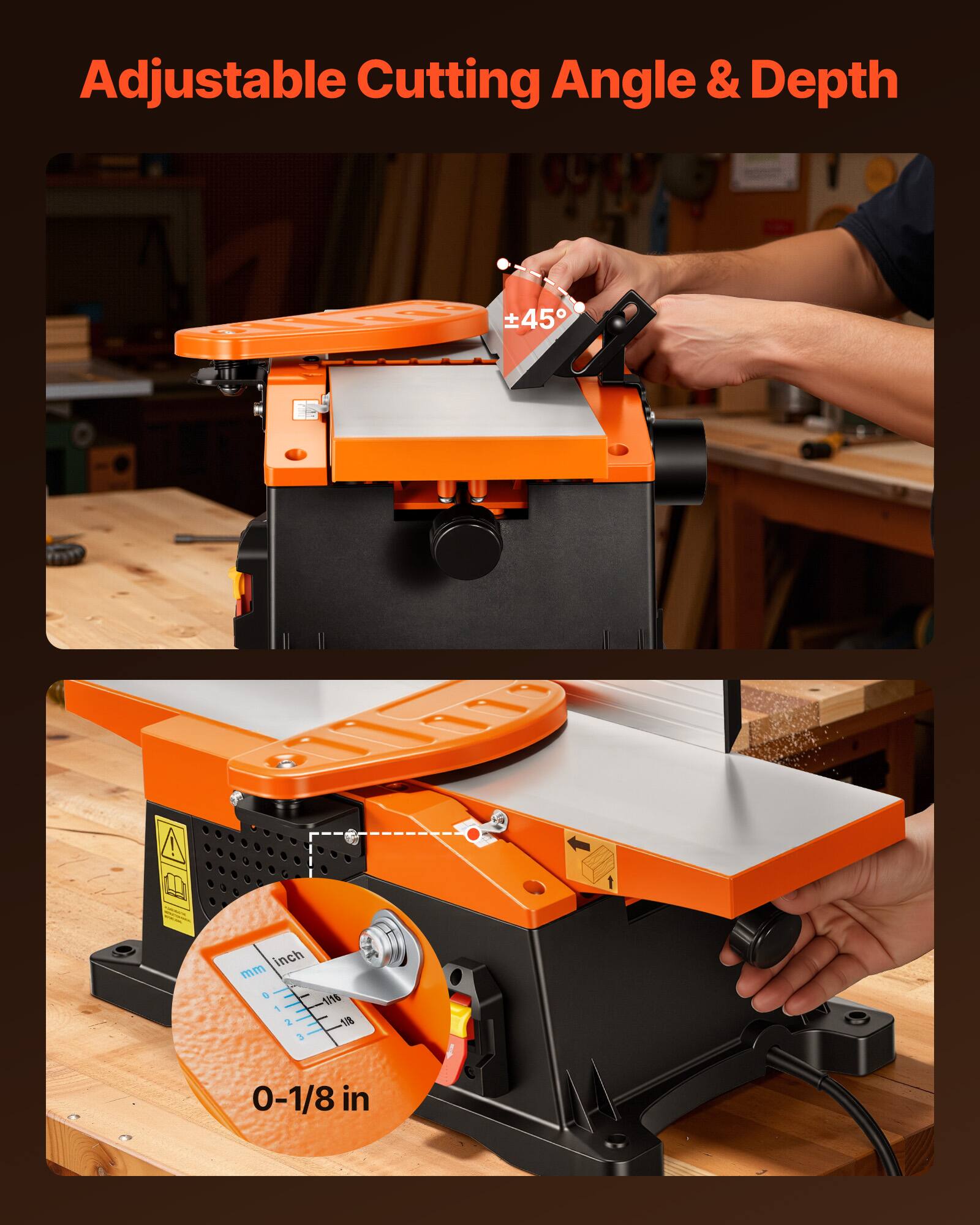 Adjustable Cutting Angle & Depth

45°

0-1/8 in