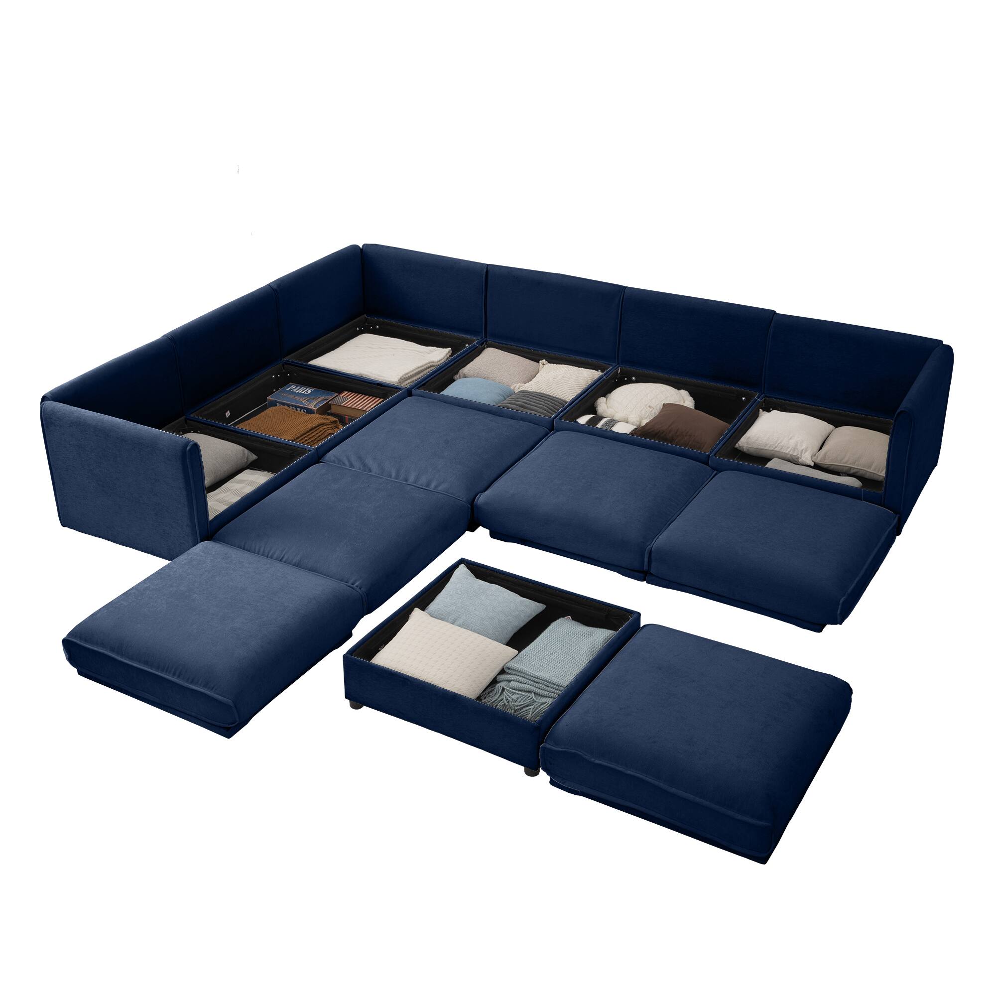 Left. Anysun - 6-Seat Chenille Modular Sectional Sofa with Storage - Cylindrical Backrest & Armrests for Living Room - Blue.