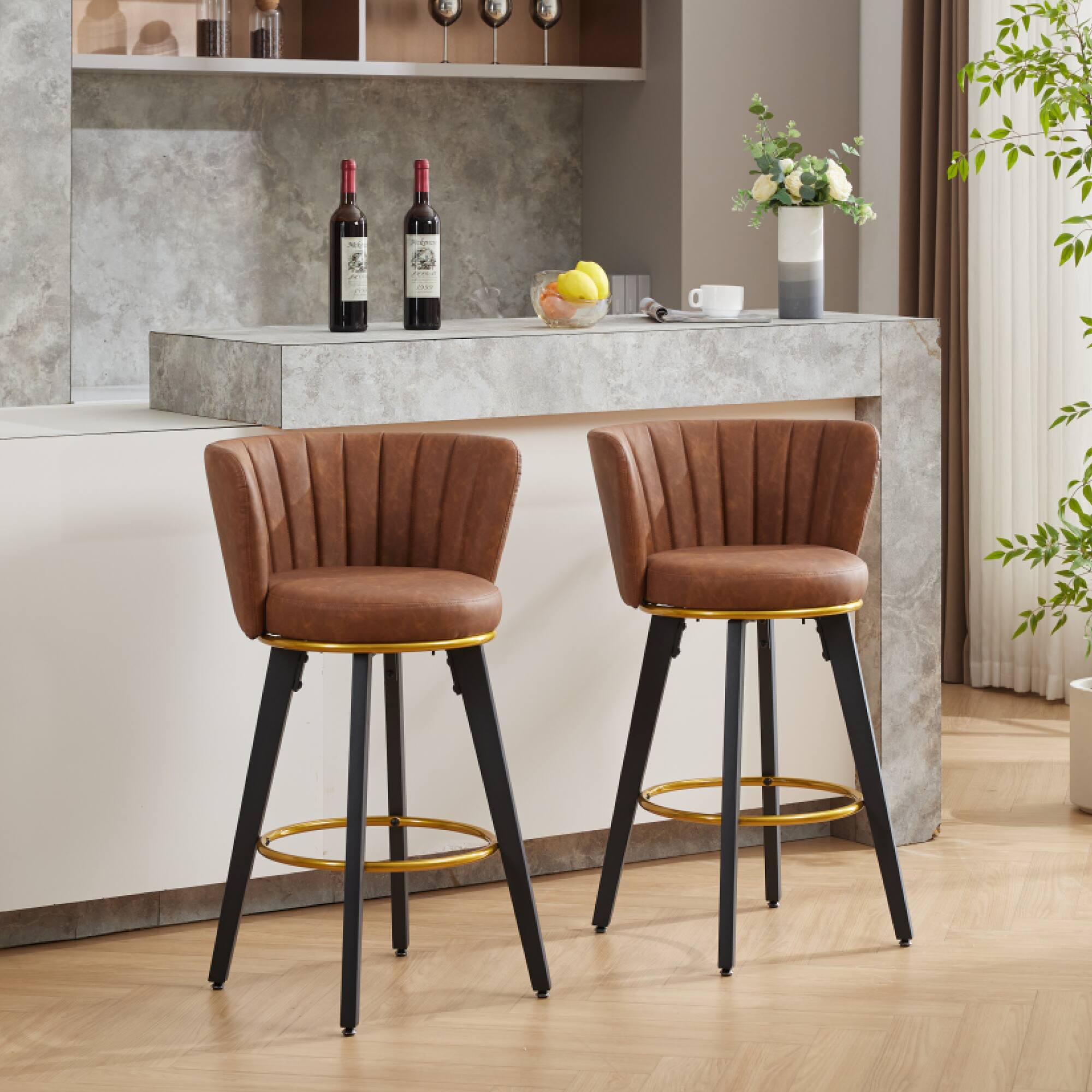 Front. GOODSILO - Modern Swivel Counter Height Bar Stools Set of 2 with Upholstered Backs and Metal Legs - Brown.