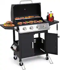 Front. HUGROVE - 4 Burner Propane Gas BBQ Grill, 40,000 BTU Stainless Steel Outdoor Grill with Wheels, Foldable Side Tables & Spice Rack - Black.